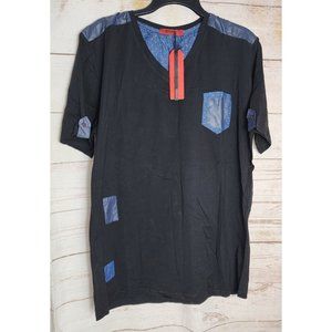 Vassari 2XL Black & Blue Faux Leather Patch V-Neck Designer Short Sleeve Shirt